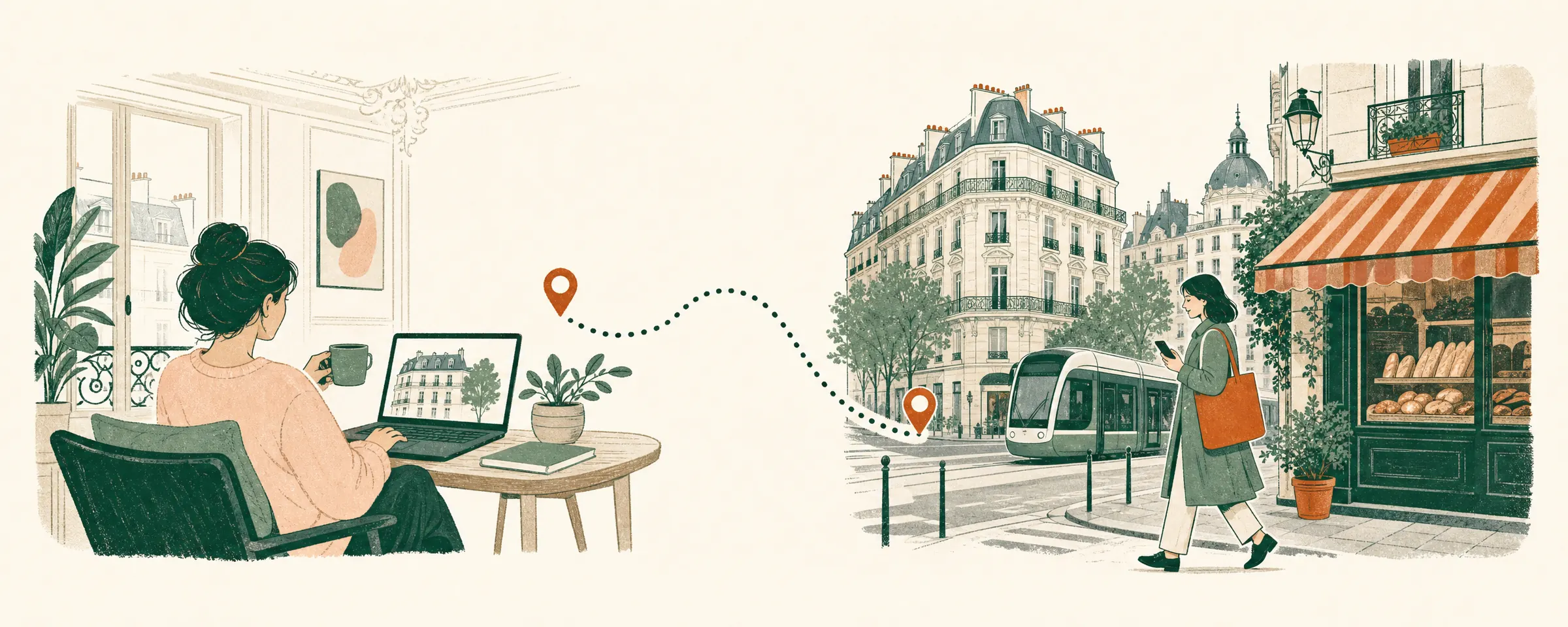 Illustration : une investisseuse suit sur son ordinateur une visiteuse qui parcourt le quartier du bien, à l'autre bout du trajet